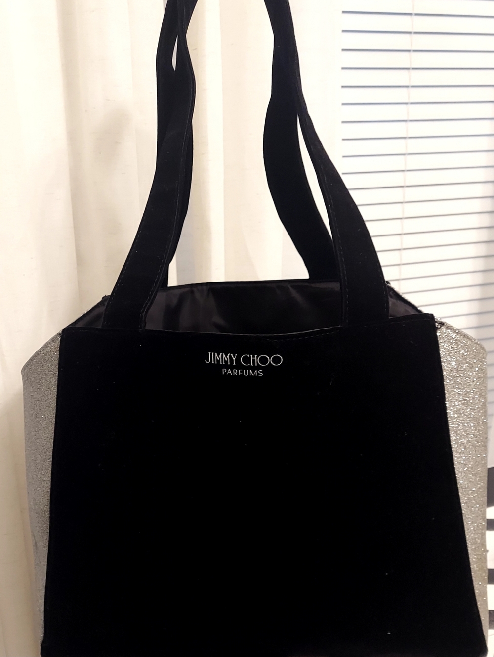 Jimmy Choo Black Velvet Tote with Silver Glitter Panels NWOT